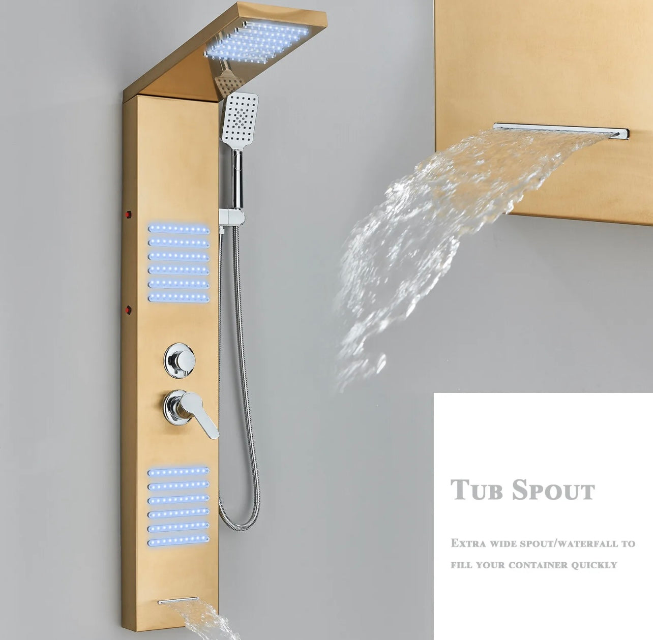 LED Rainfall Shower Panel Tower Massage Shower Faucet System Set Stainless Steel