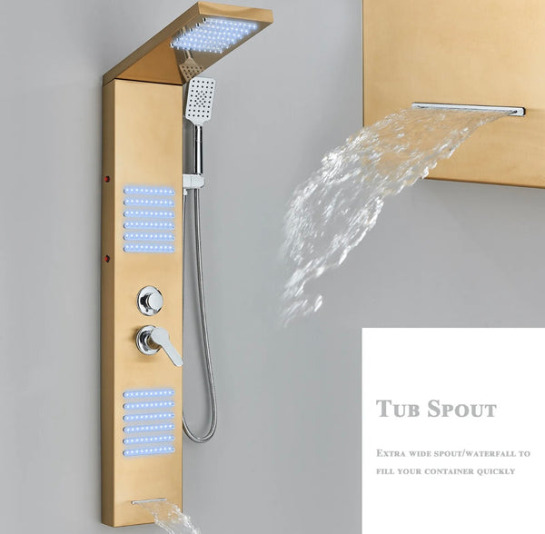 #1273 LED Rainfall Shower Panel Tower Massage Shower Faucet System Set Stainless Steel