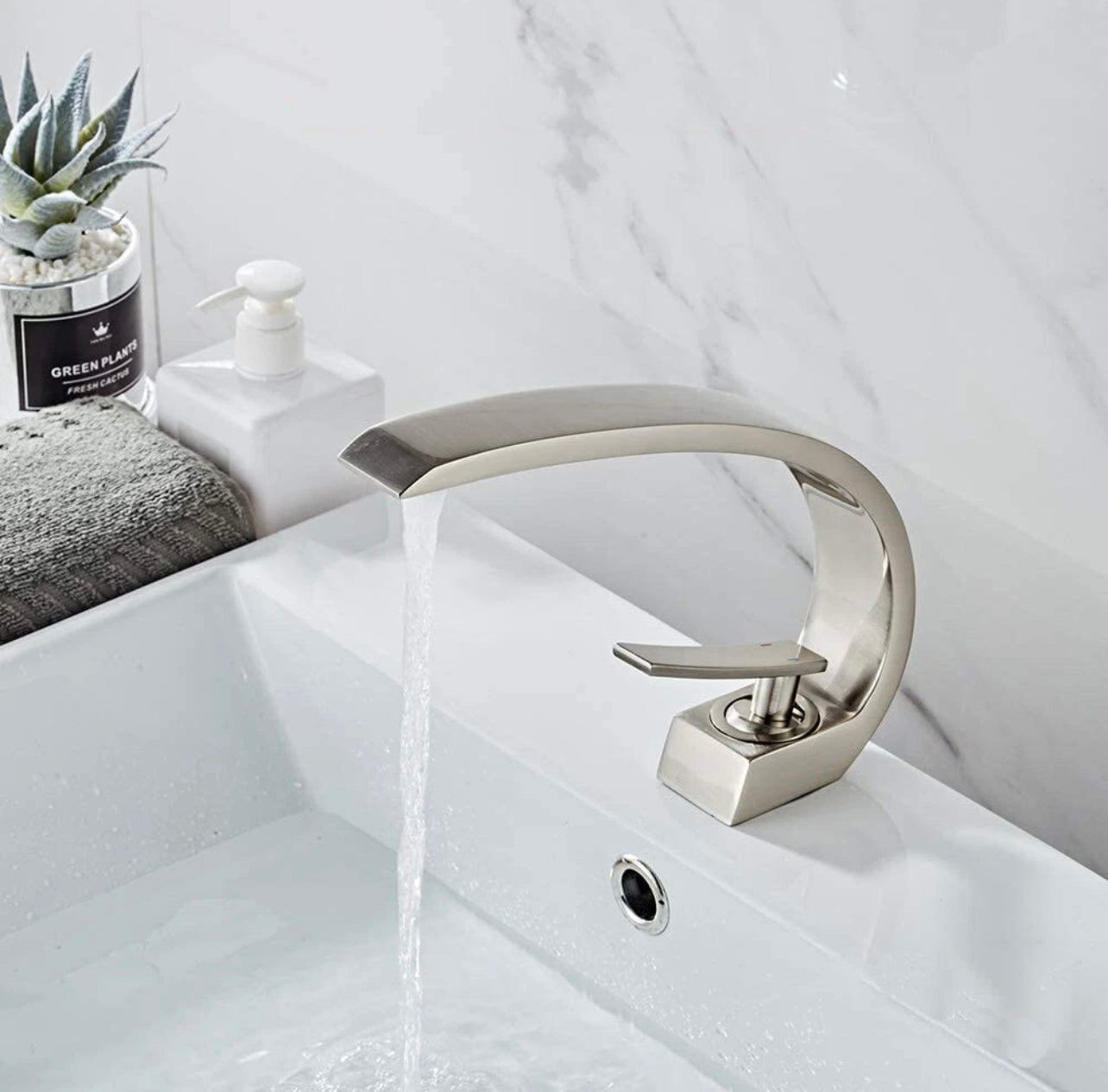 #1404 BRUSHED NICKEL CURVED WATERFALL VANITY FAUCET
