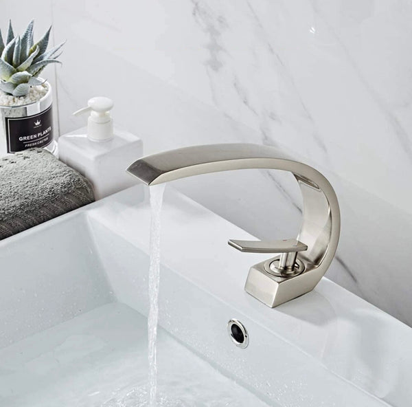 #1404 BRUSHED NICKEL CURVED WATERFALL VANITY FAUCET