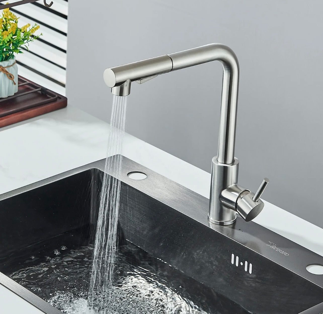 Brushed nickel pull out kitchen faucet