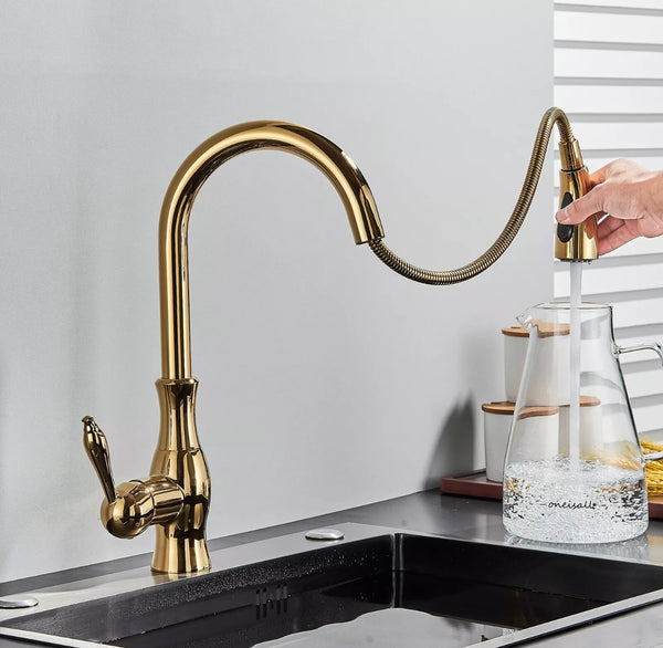 #1595 GOLD PULL-OUT KITCHEN FAUCET WITH DUAL SPRAY HEAD