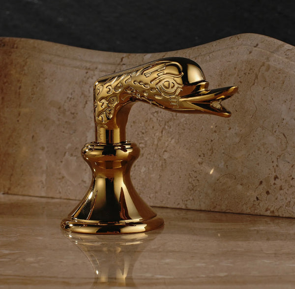 #1415 GOLD SWAN 8 INCH WIDESPREAD WITH 2 SWAN HANDLES WATERFALL SPOUT VANITY FAUCET