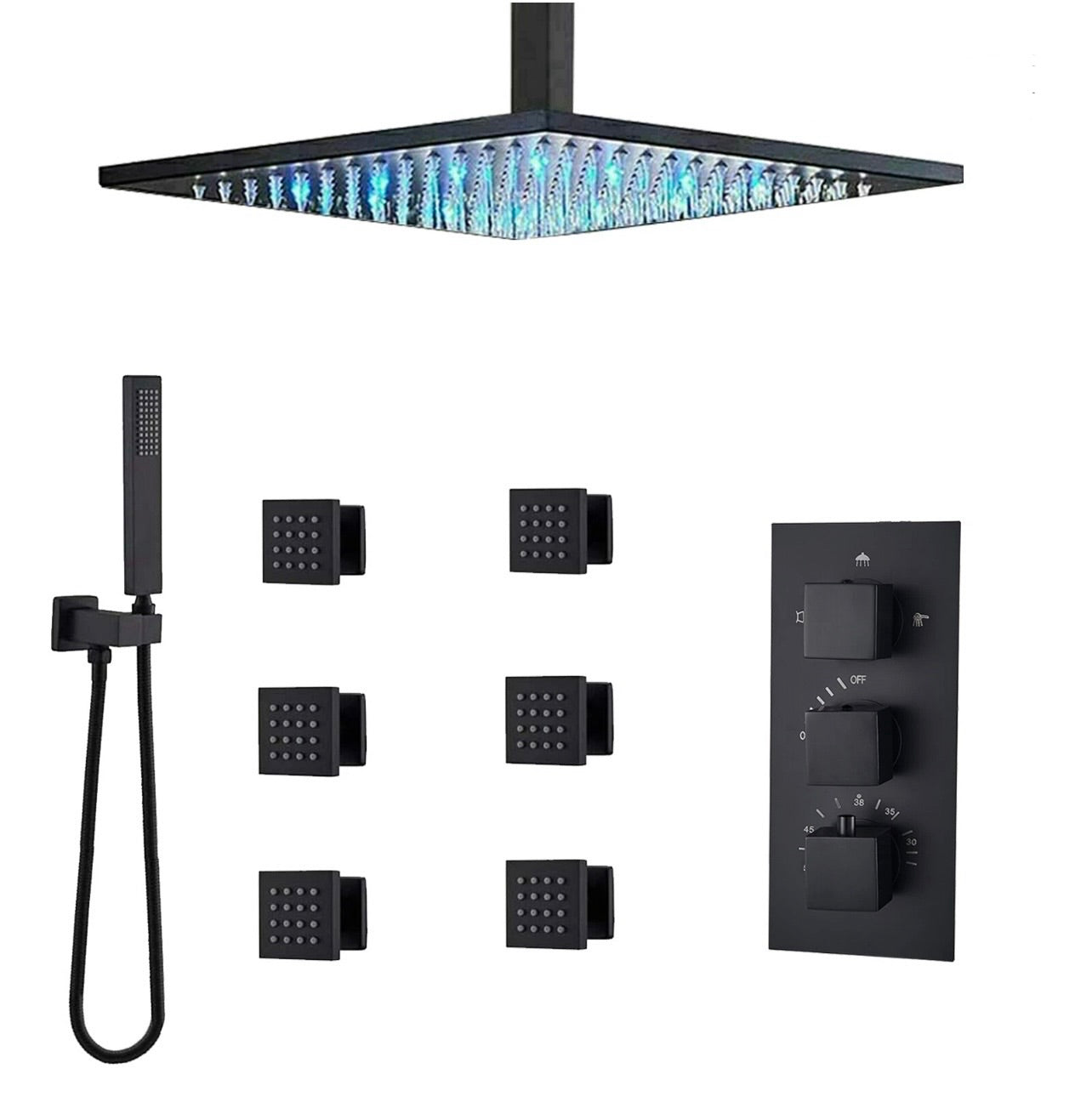 #1052 12 INCH CEILING MOUNT MATTE BLACK LED 3 FUNCTION WALL MOUNT SHOWER SYSTEM WITH 6X MASSAGE JETS