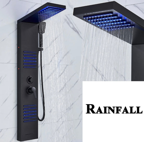 #1273 LED Rainfall Shower Panel Tower Massage Shower Faucet System Set Stainless Steel