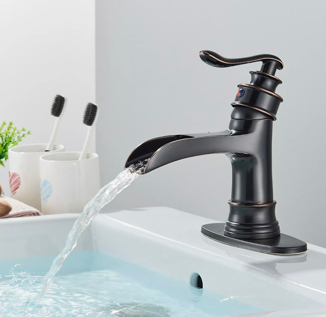 #1457 Oil Rubbed Bronze Waterfall Vanity Faucet + Popup Drain