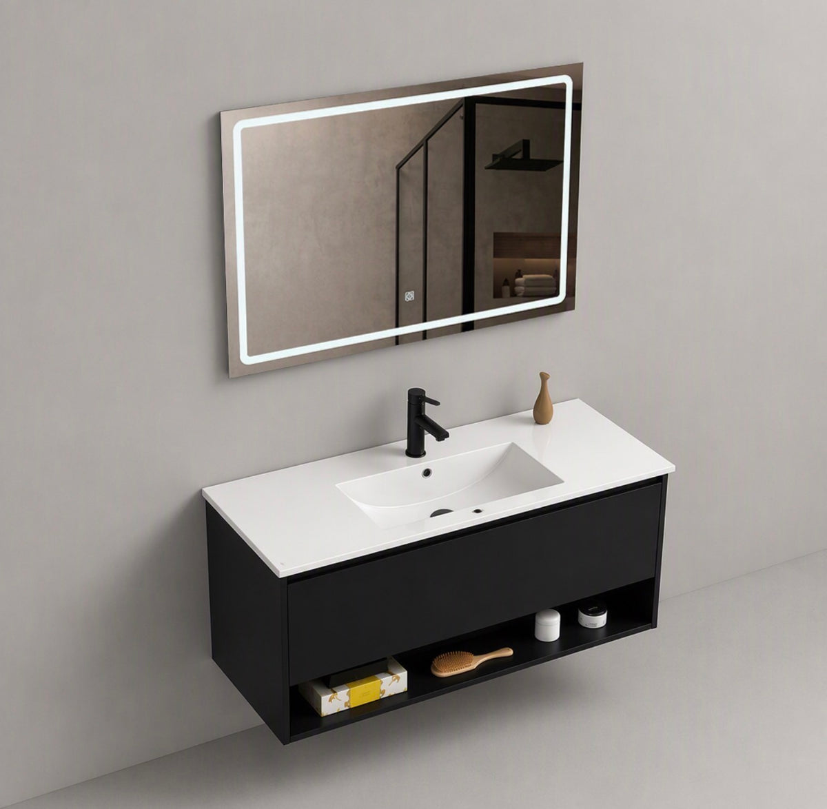 #1723 SG-9318 40-Inch Matte Black Floating Vanity Set with LED Mirror