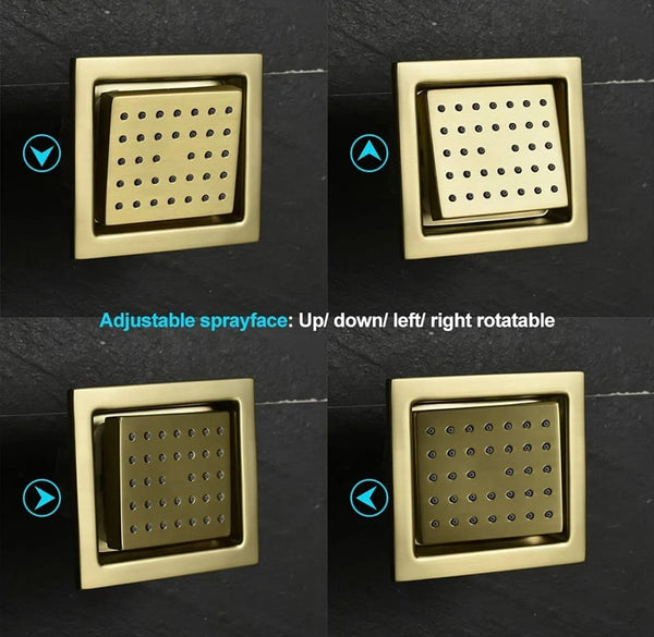 16x32 INCH BRUSHED GOLD LED 3 FUNCTION CEILING MOUNT SHOWER SYSTEM WITH 6x MASSAGE JETS