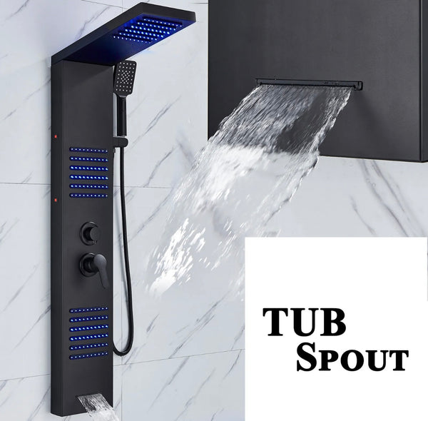 #1273 LED Rainfall Shower Panel Tower Massage Shower Faucet System Set Stainless Steel