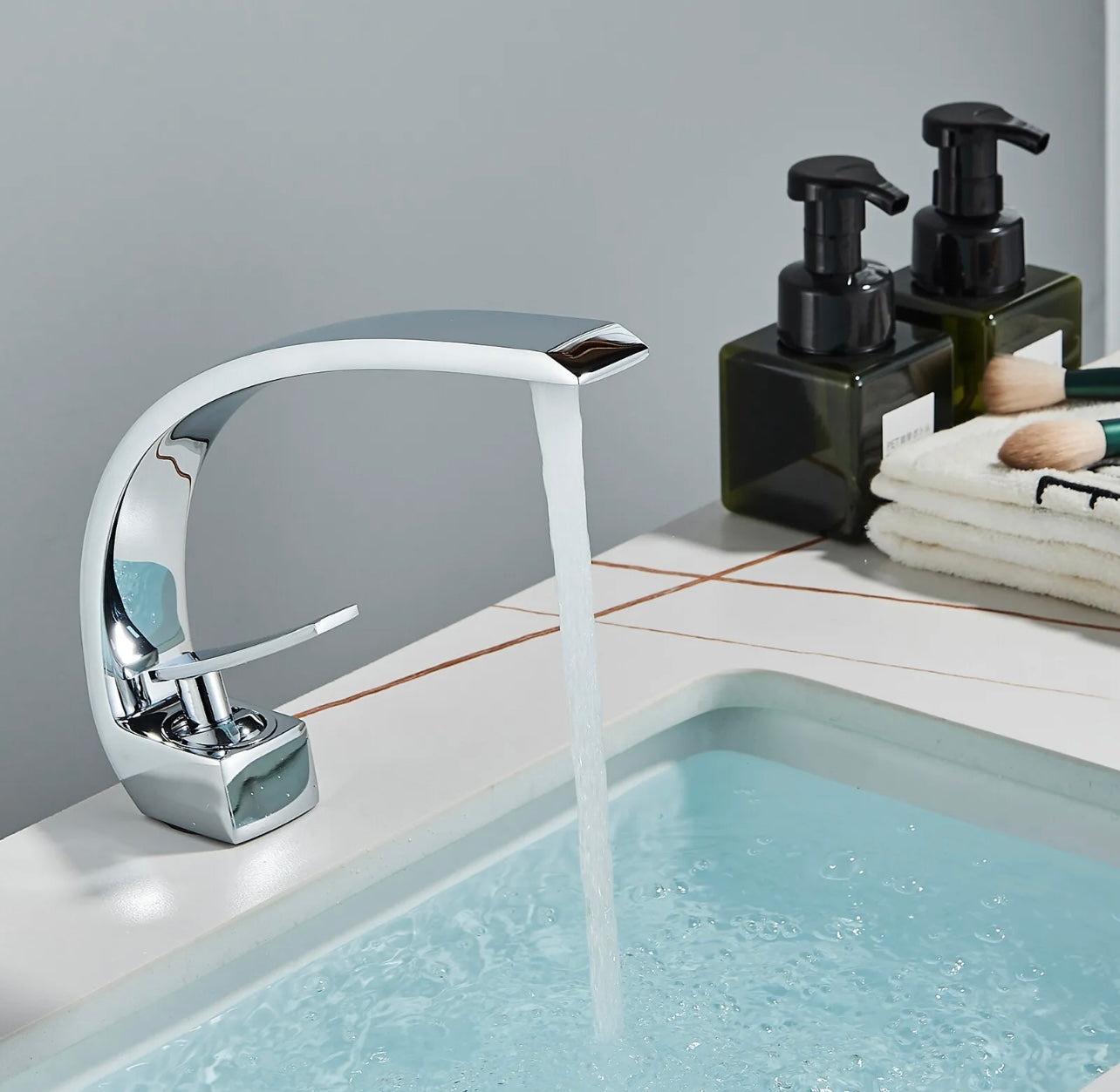 #1382 POLISHED CHROME CURVED WATERFALL VANITY FAUCET