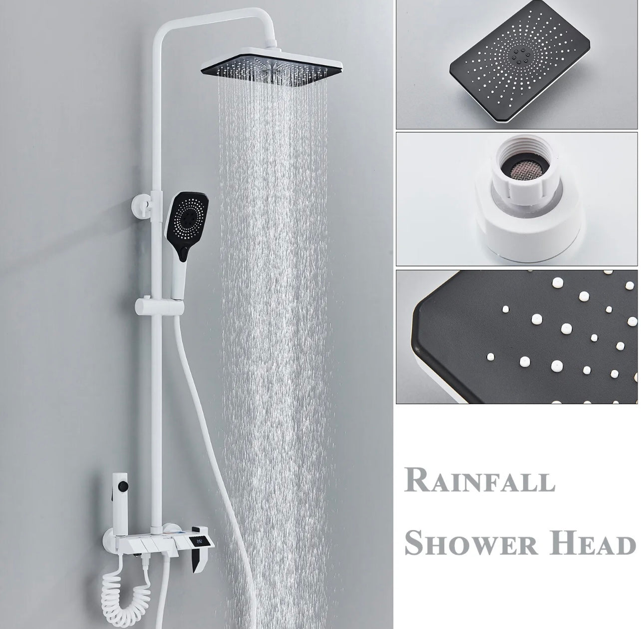 4 In 1 Slim Exposed Shower System Set Rain Shower Head Combo Shower Faucet Fixtures W/LCD Display