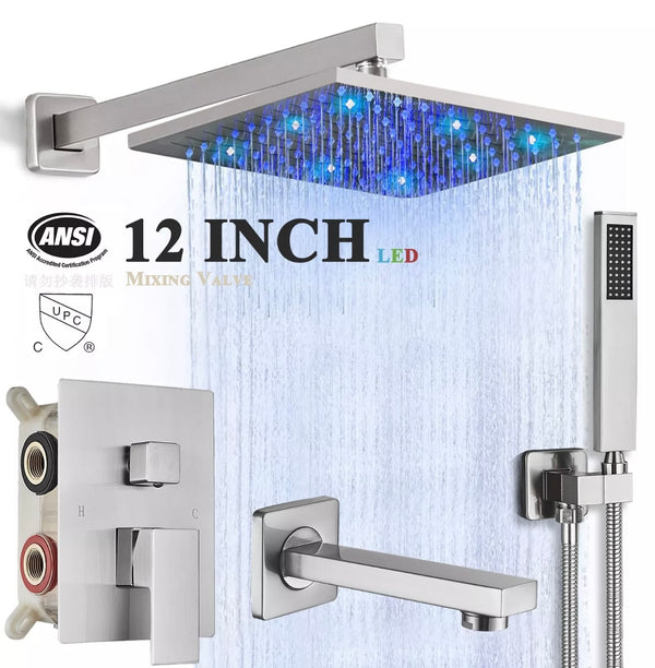 #1013 12-INCH LED BRUSHED NICKEL 3-FUNCTION SHOWER SET