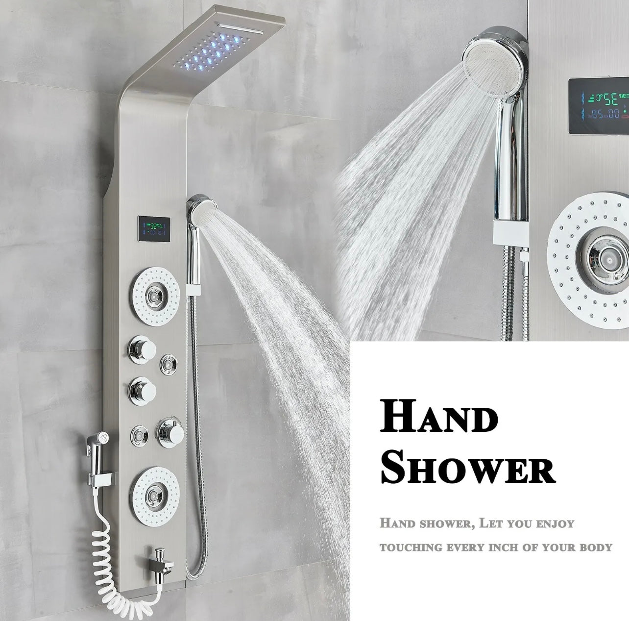 Stainless Steel 7 Function Rainfall & Waterfall LED Shower Panel Tower Massage Spray System