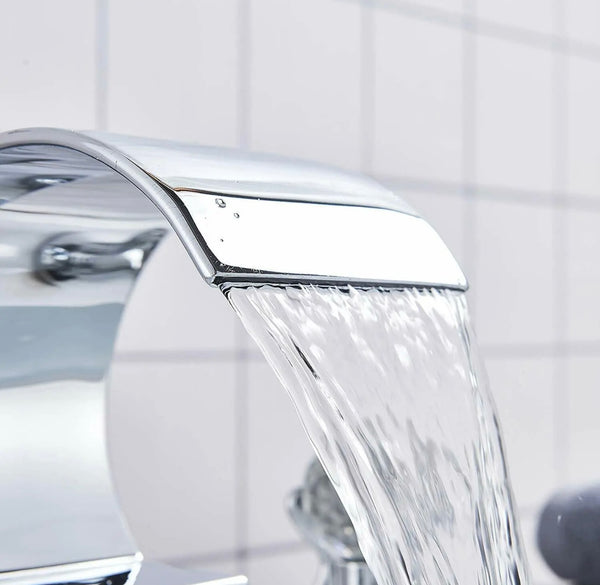 #1422 CHROME 8 INCH WIDESPREAD WITH 2 CRYSTAL KNOBS HIGH ARC WATERFALL VANITY FAUCET