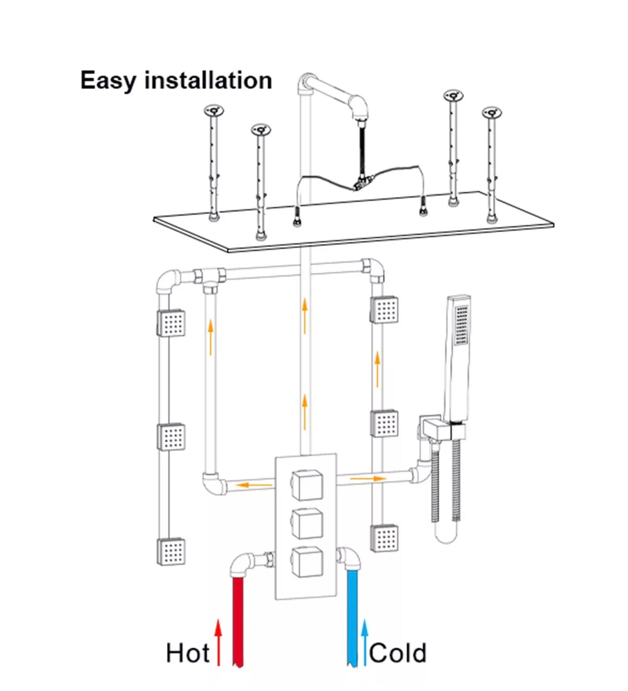 16x32 inch brushed gold led 3 function ceiling mount shower system with 6x massage jets