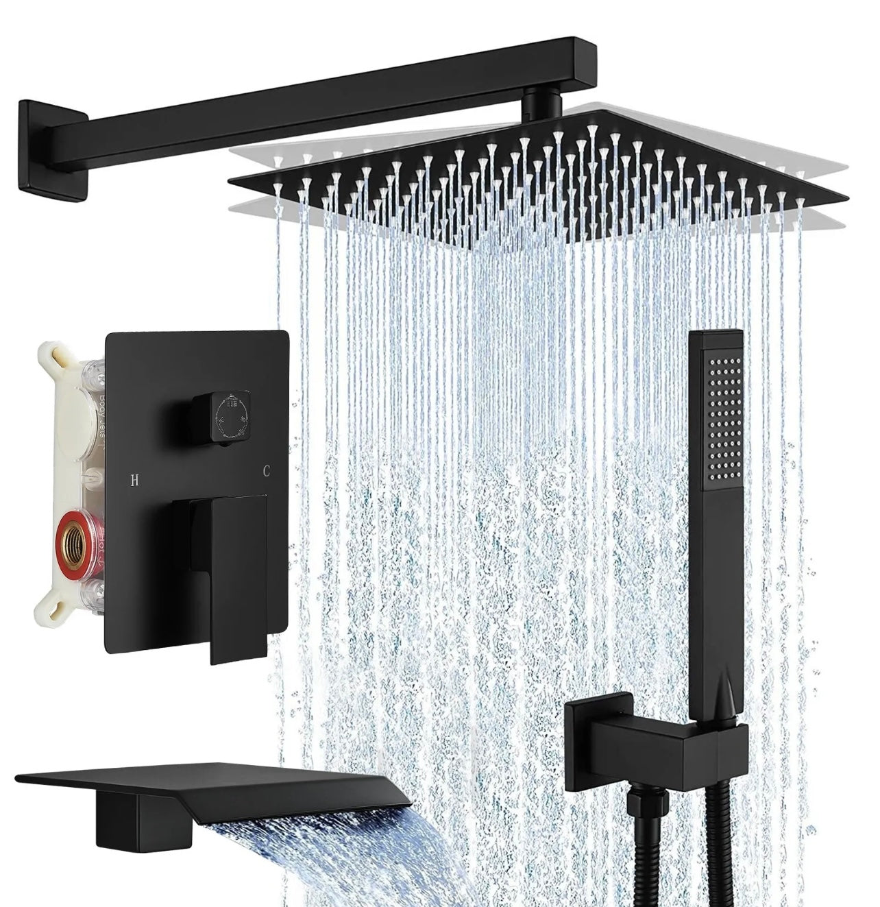 12 inch matte black 3 function shower system