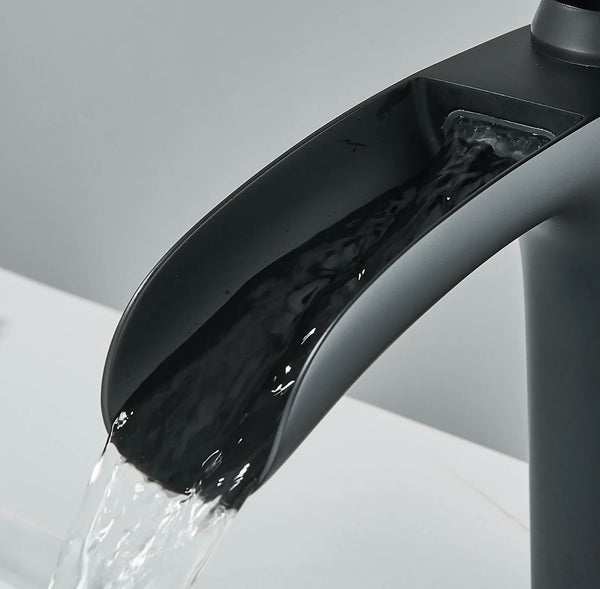 #1408 MATTE BLACK WATERFALL VANITY FAUCET WITH POPUP DRAIN