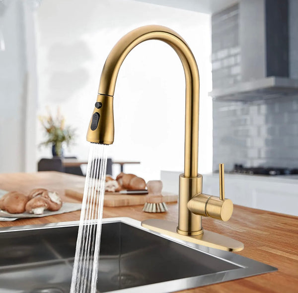 #1564 BRUSHED GOLD PULL-OUT KITCHEN FAUCET WITH DUAL SPRAY HEAD