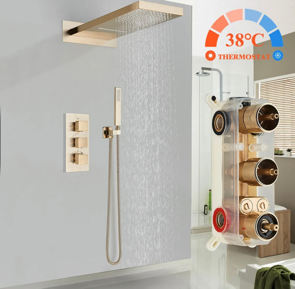 #1017 BRUSHED GOLD 2 FUNCTION RAIN & WATERFALL SHOWER HEAD THERMOSTATIC MIXER SHOWER SET