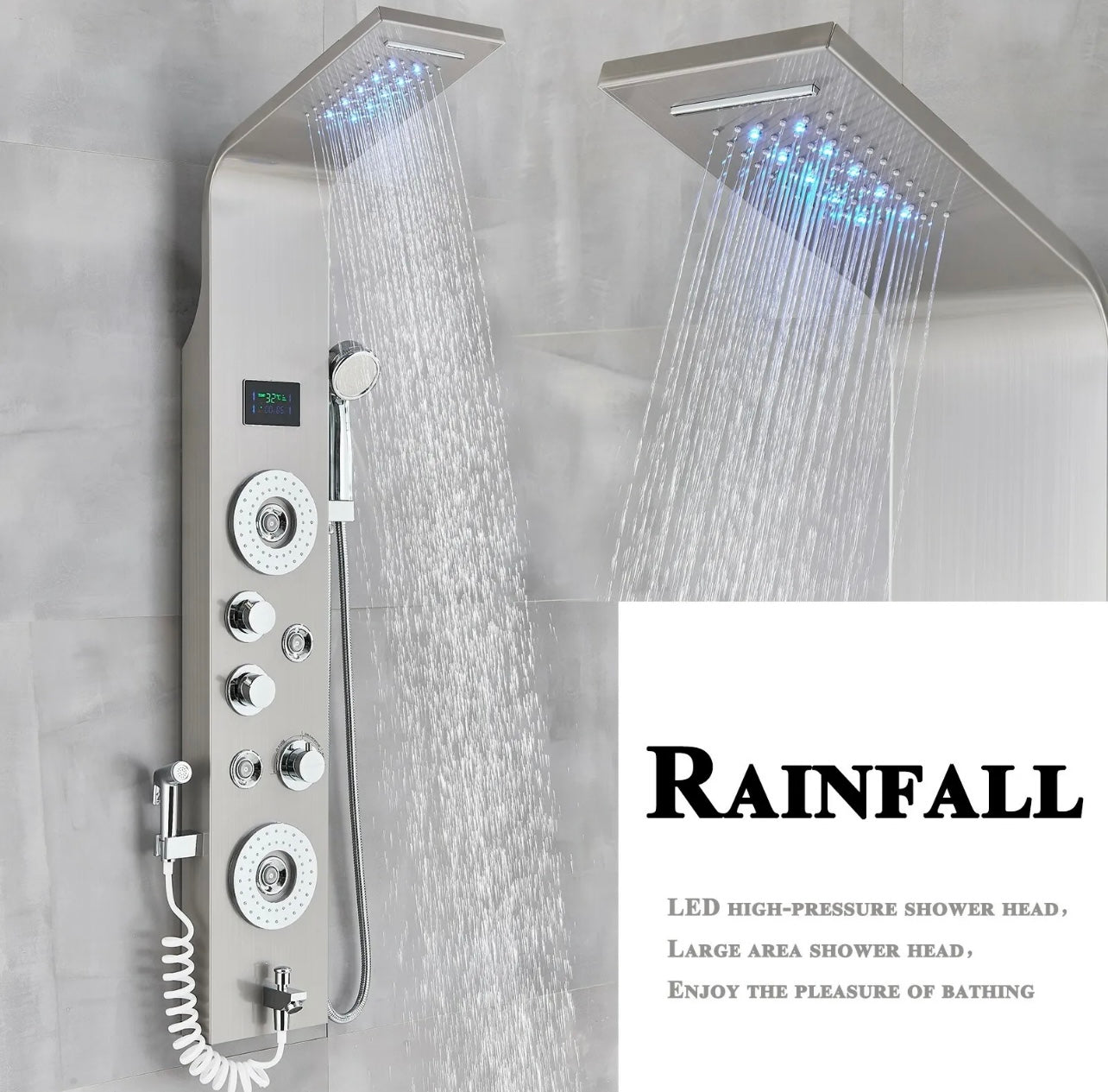 Stainless Steel 7 Function Rainfall & Waterfall LED Shower Panel Tower Massage Spray System