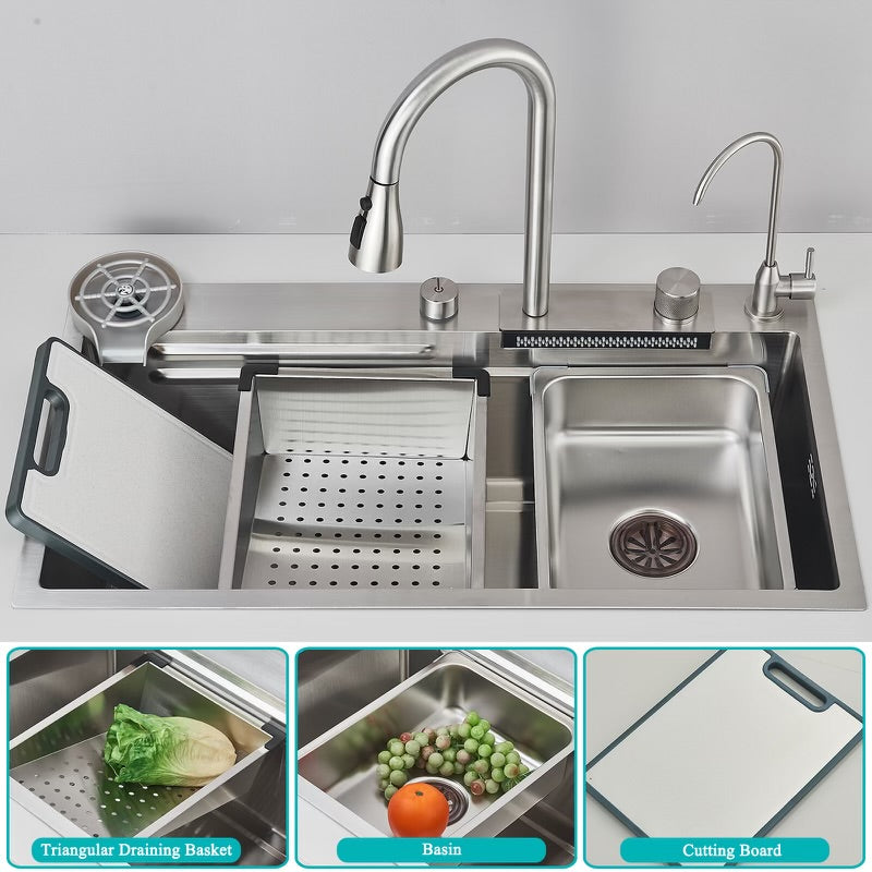 #1543 STAINLESS STEEL KITCHEN SINK COMBO WITH TAP WATER PULL-OUT FAUCET + PURIFIED WATER FAUCET, GLASS RINSER & MULTIPLE ACCESSORIES 31.5”
