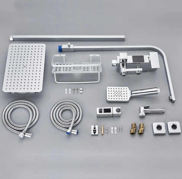 #1152 CHROME 4 IN 1 EXPOSED SHOWER FAUCET SYSTEM LCD TEMP RAINFALL HEAD COMBO WITH HAND SHOWER AND CADDY SHELF