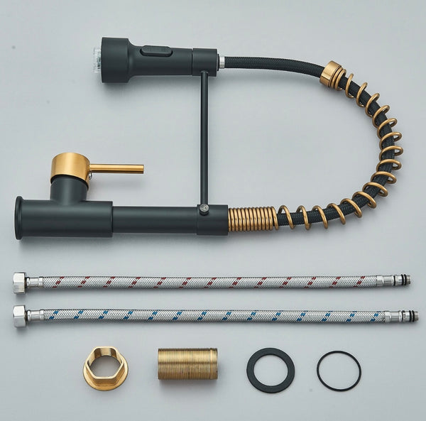 #1552 TWO TONE, BLACK & GOLD LED PULL-DOWN KITCHEN FAUCET WITH DUAL SPRAY HEAD