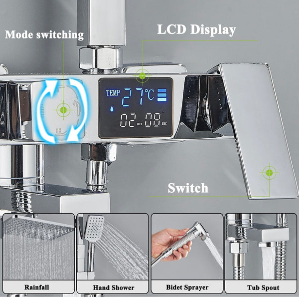 #1152 CHROME 4 IN 1 EXPOSED SHOWER FAUCET SYSTEM LCD TEMP RAINFALL HEAD COMBO WITH HAND SHOWER AND CADDY SHELF