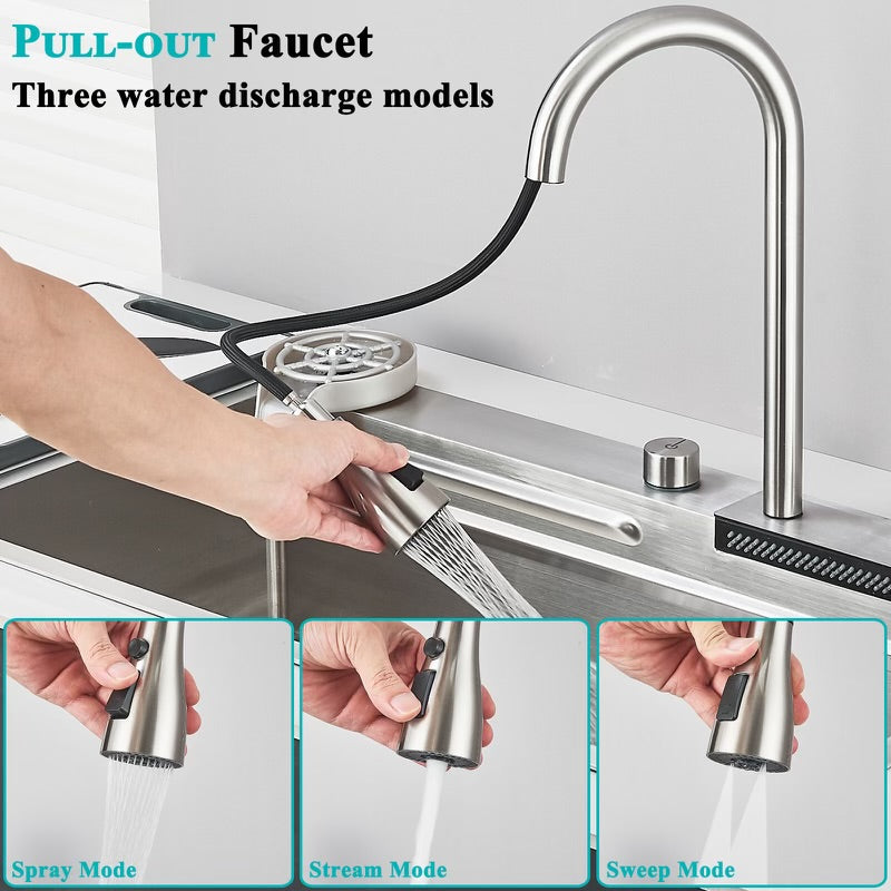 #1543 STAINLESS STEEL KITCHEN SINK COMBO WITH TAP WATER PULL-OUT FAUCET + PURIFIED WATER FAUCET, GLASS RINSER & MULTIPLE ACCESSORIES 31.5”