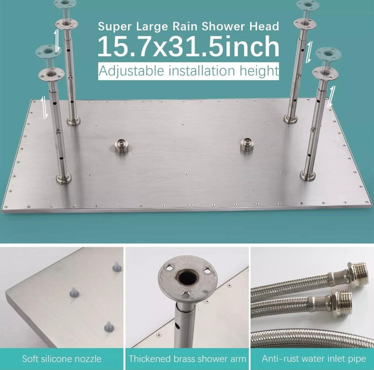 16x32 inch brushed nickel led 3 function ceiling mount shower system with 6x massage jets