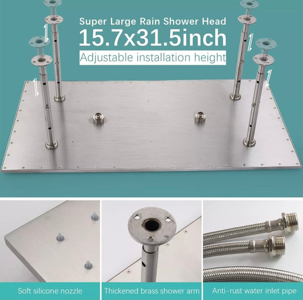 16x32 INCH BRUSHED NICKEL LED 3 FUNCTION CEILING MOUNT SHOWER SYSTEM WITH 6x MASSAGE JETS