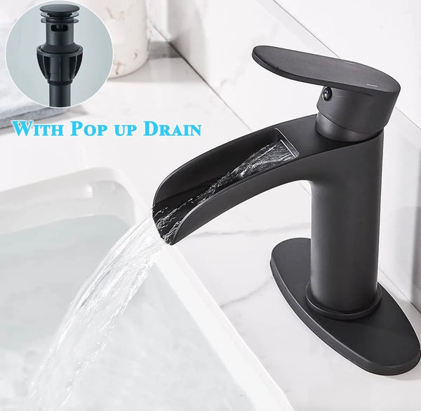 #1408 MATTE BLACK WATERFALL VANITY FAUCET WITH POPUP DRAIN