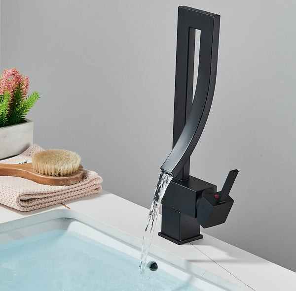 #1479 MATTE BLACK HIGH ARC WATERFALL VANITY FAUCET