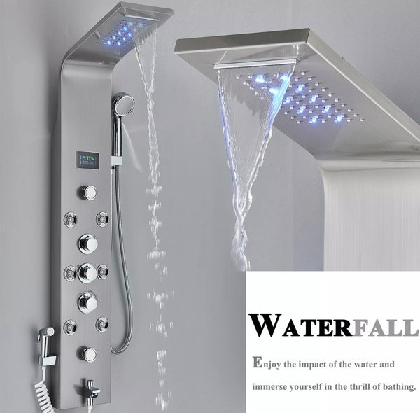 #1279 BRUSHED NICKEL 6 FUNCTION RAINFALL & WATERFALL LED SHOWER PANEL TOWER MASSAGE SPRAY SYSTEM