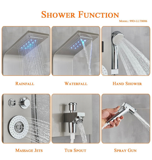 #1270 BRUSHED NICKEL STAINLESS RAINFALL WATERFALL LED SHOWER PANEL TOWER MASSAGE SPRAY SYSTEM