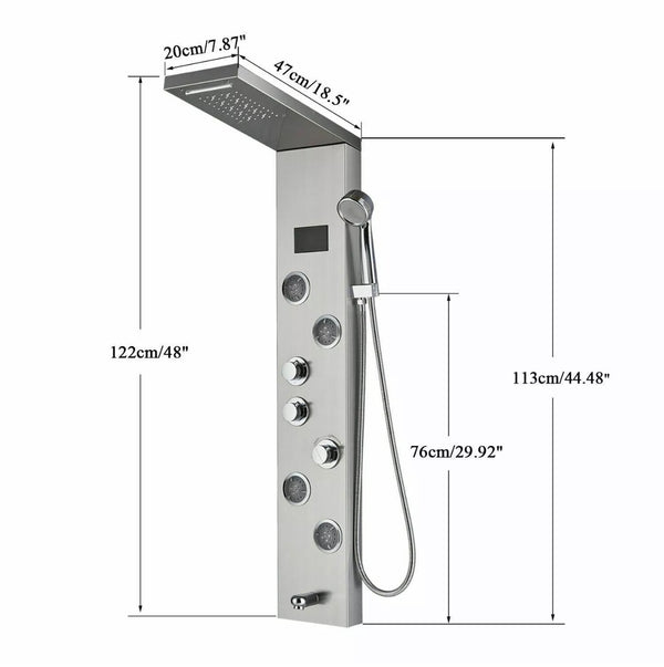 #1278 STAINLESS STEEL 5 FUNCTION RAINFALL & WATERFALL LED SHOWER PANEL TOWER MASSAGE SPRAY SYSTEM