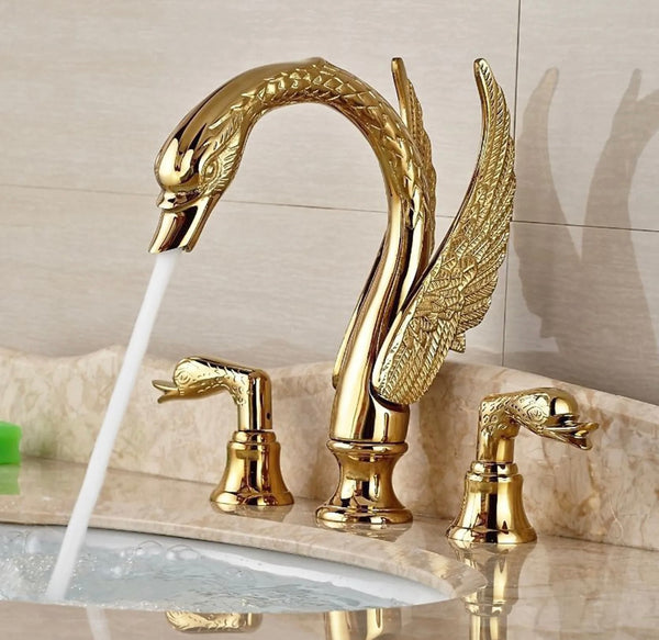 #1415 GOLD SWAN 8 INCH WIDESPREAD WITH 2 SWAN HANDLES WATERFALL SPOUT VANITY FAUCET
