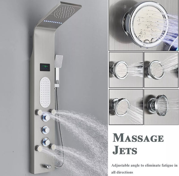 #1280 BRUSHED NICKEL 5 FUNCTION RAINFALL & WATERFALL LED SHOWER PANEL TOWER MASSAGE SPRAY SYSTEM