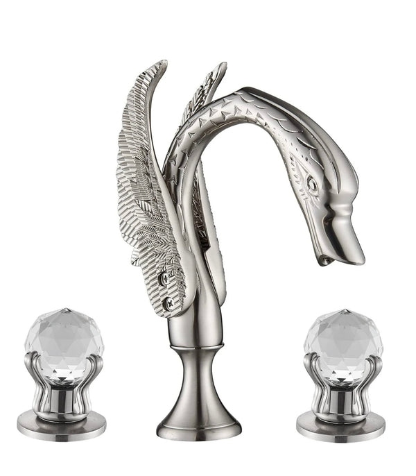 #1413 BRUSHED NICKEL SWAN 8 INCH WIDESPREAD WITH 2 CRYSTAL KNOBS WATERFALL SPOUT VANITY FAUCET