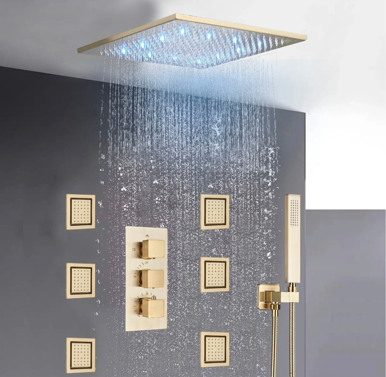 12 inch brushed gold led 3 function ceiling mount shower system with 6x massage jets