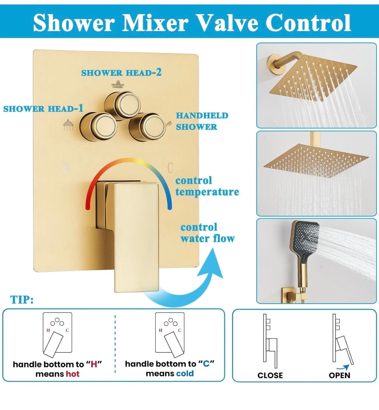 #1053 12-INCH + 6-INCH BRUSHED GOLD 3 FUNCTION BUTTON PRESS SHOWER SYSTEM