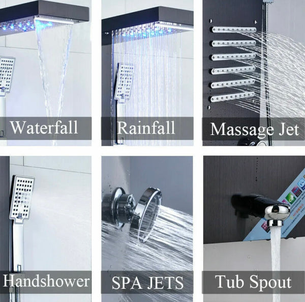 #1276 Black Stainless Steel LED Shower Panel 5-Funtion Tower Rain&Waterfall Massage Jets System Mixer
