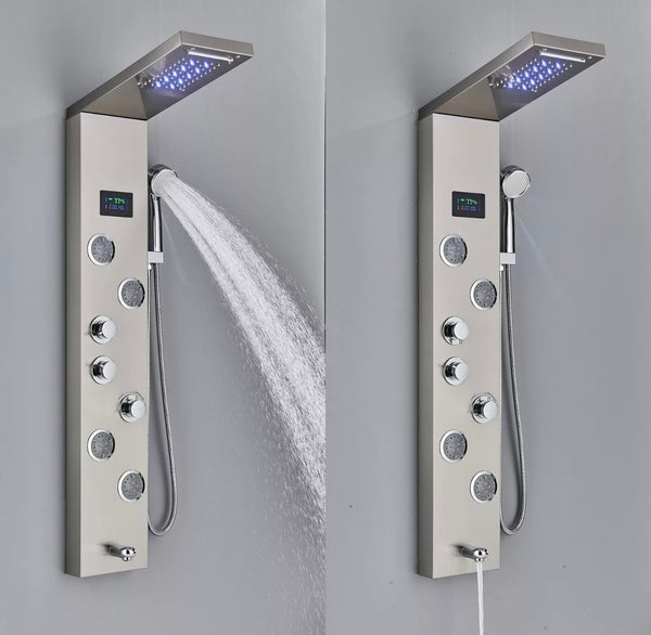 #1278 STAINLESS STEEL 5 FUNCTION RAINFALL & WATERFALL LED SHOWER PANEL TOWER MASSAGE SPRAY SYSTEM