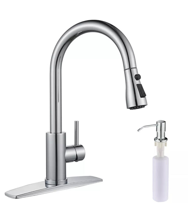 #1589 BRUSHED NICKEL PULL-OUT KITCHEN FAUCET WITH DUAL SPRAY HEAD AND STOP FEATURE + SOAP DISPENSER