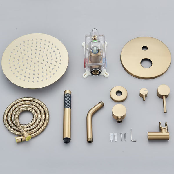 #1027 8-INCH 2 FUNCTION BRUSHED GOLD SHOWER FAUCET SET SYSTEM RAINFALL SHOWER HEAD COMBO WITH MIXER VALVE
