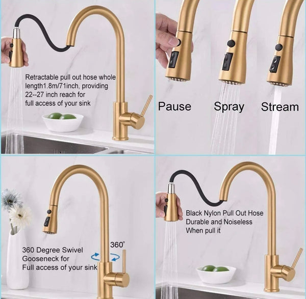#1564 BRUSHED GOLD PULL-OUT KITCHEN FAUCET WITH DUAL SPRAY HEAD
