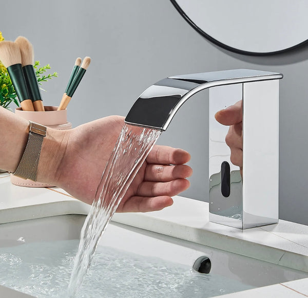 #1433 MATTE BLACK TOUCHLESS WITH INFRARED SENSOR WATERFALL SPOUT VANITY FAUCET