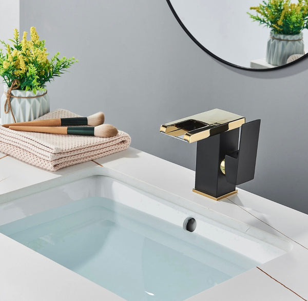 #1472 TWO TONE BLACK & GOLD WATERFALL LED VANITY FAUCET