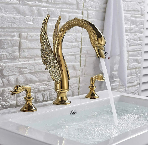 #1415 GOLD SWAN 8 INCH WIDESPREAD WITH 2 SWAN HANDLES WATERFALL SPOUT VANITY FAUCET
