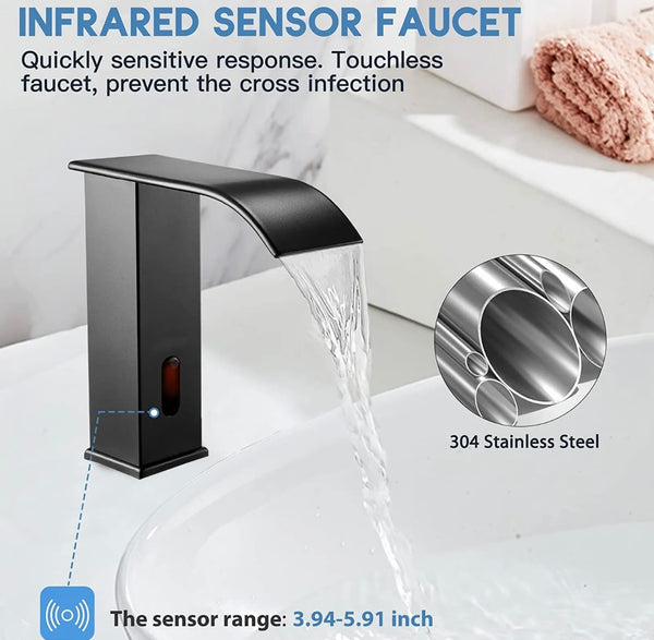 #1433 MATTE BLACK TOUCHLESS WITH INFRARED SENSOR WATERFALL SPOUT VANITY FAUCET